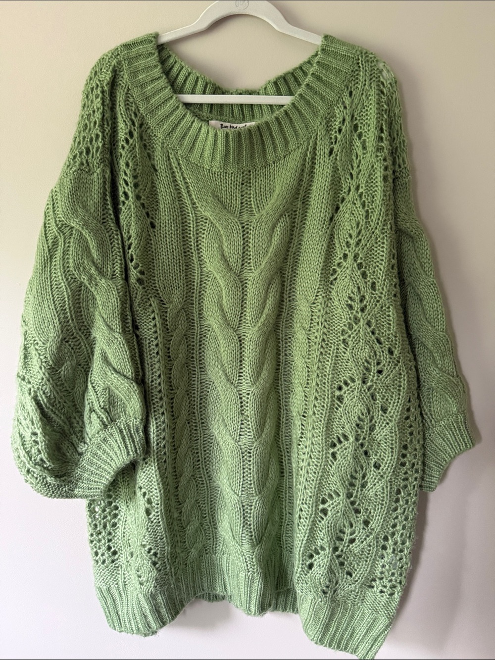 Three Bird Nest Light Green Cable & Lace Knit Scoop Sweater